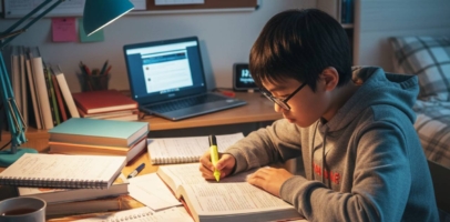 중학생 아이가 책상에서 기말고사 공부
